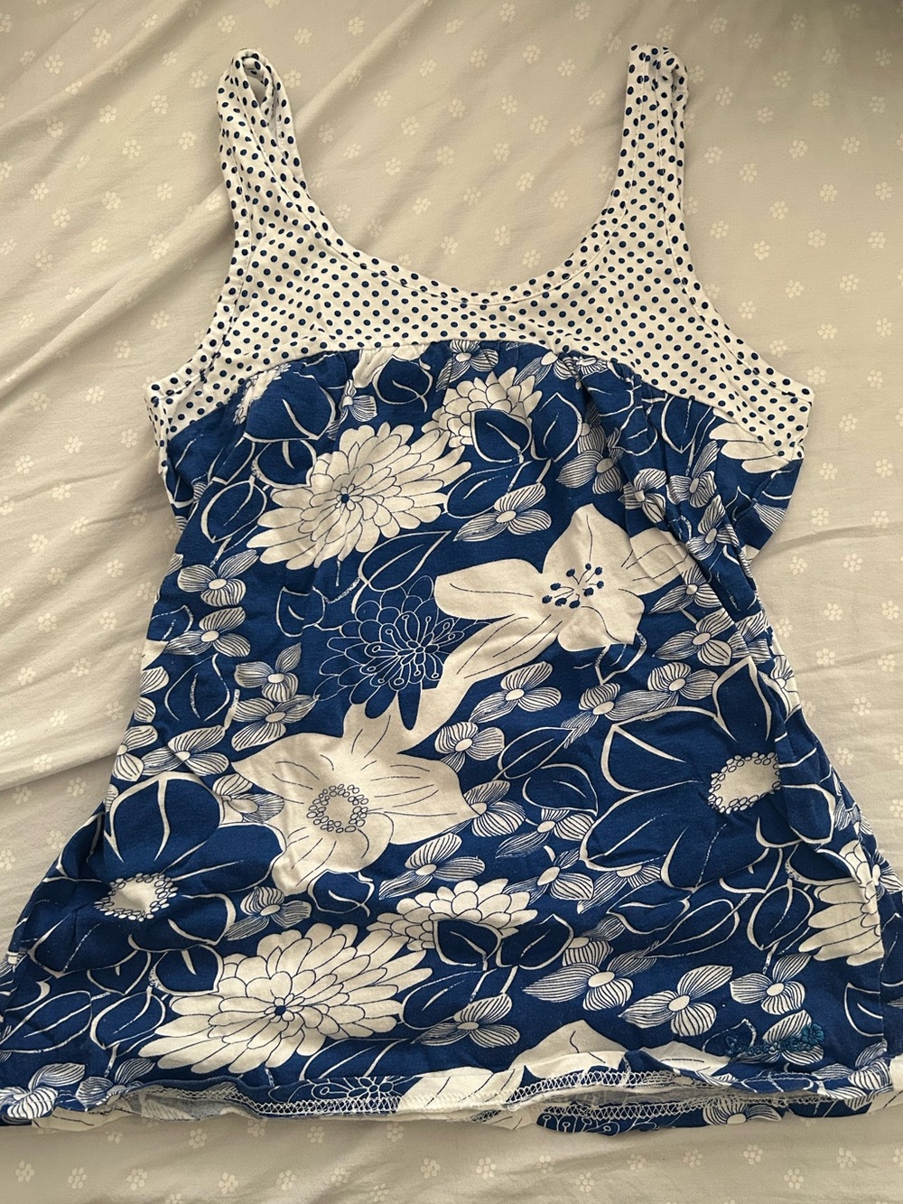 Blue & White Floral Preppy Tank Top with Polka Dot Yoke Hibiscus